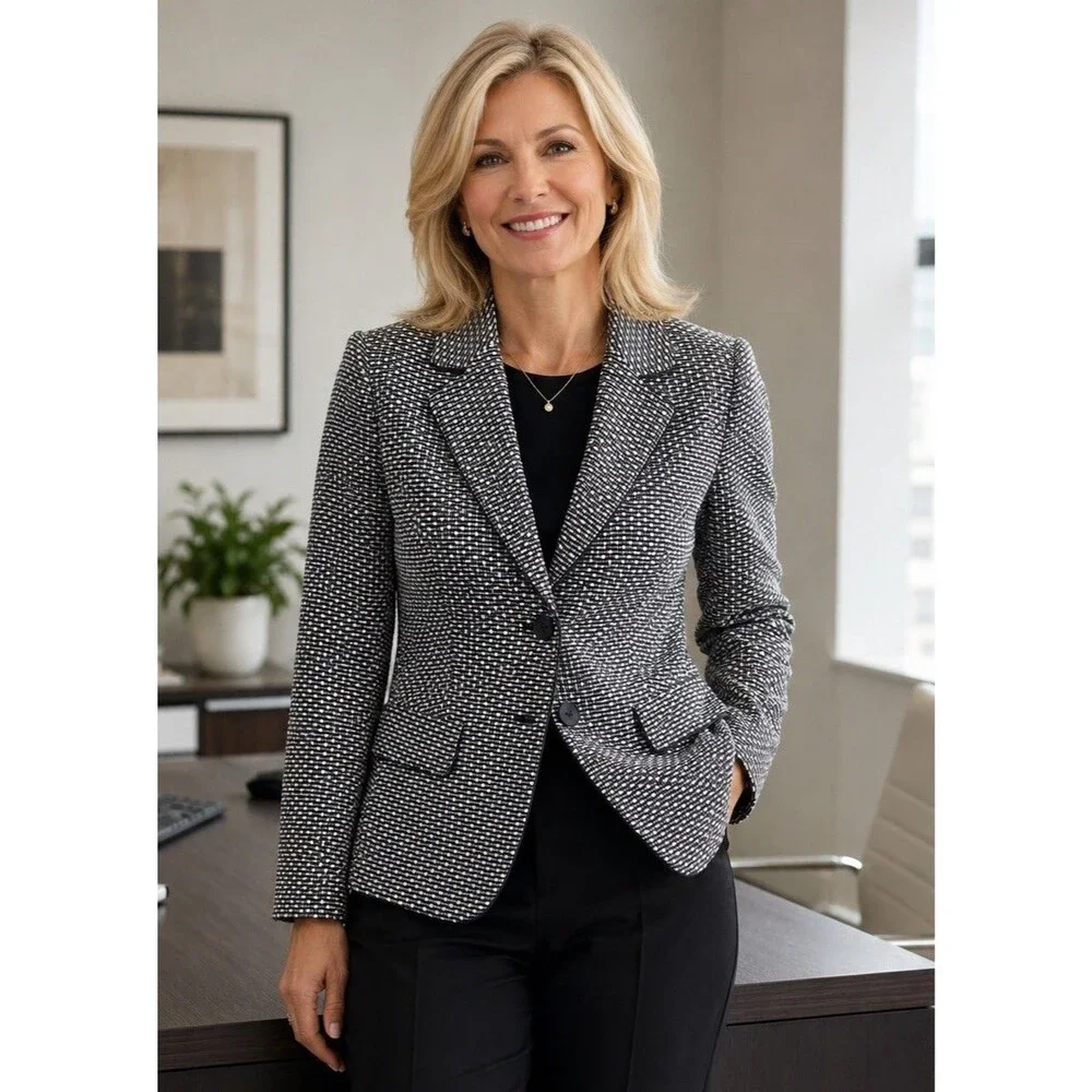 Talbots Black & White Dot Fully Lined Suit Jacket Women Sz 14W Petite Career